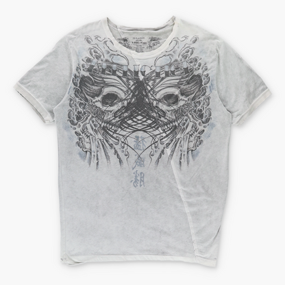 AFFLICTION Y2K Two Skulls Lightweight Distressed USA Made Grey Tee (XXL)