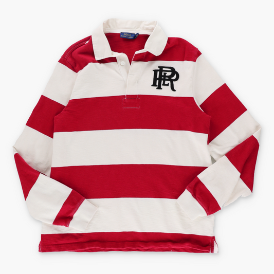POLO RALPH LAUREN Embroidered 'R' Logo Red & White Stripe Rugby Sweatshirt (S)