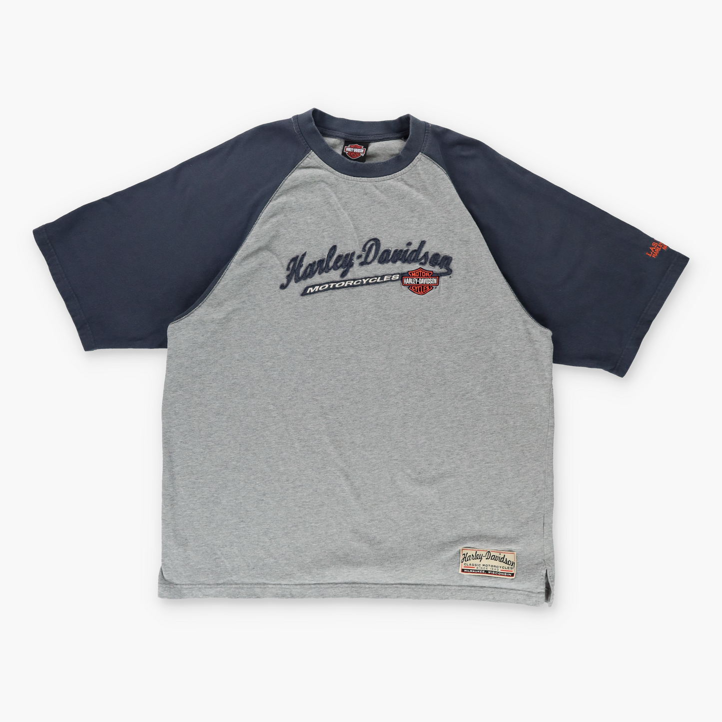 HARLEY DAVIDSON Y2K Embroidered Logo Grey Ringer Motorcycle T-Shirt (XL)