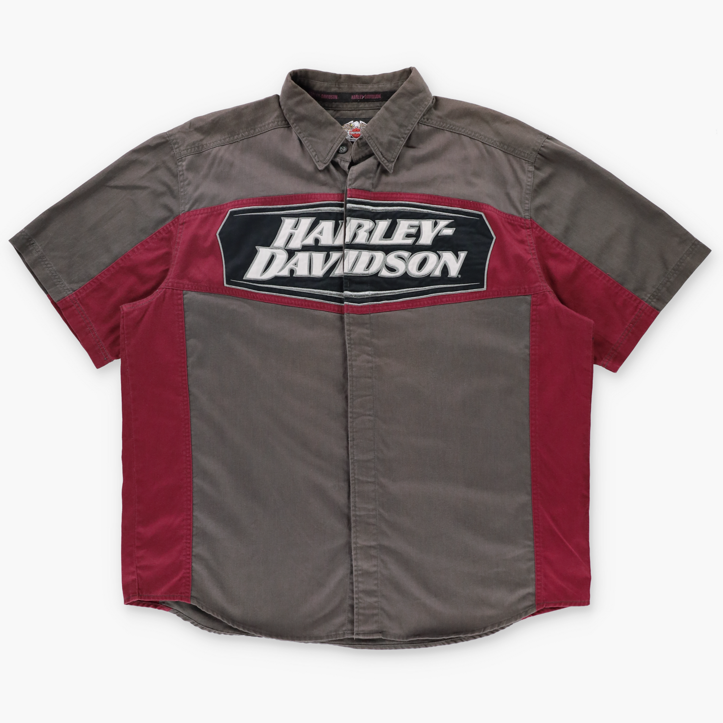 HARLEY DAVIDSON Burgundy & Taupe Embroidered Spell Out Logo Button Up Shirt (XL)