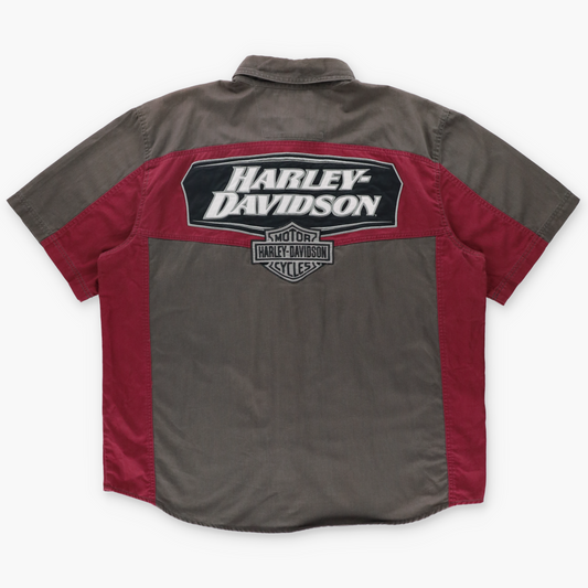 HARLEY DAVIDSON Burgundy & Taupe Embroidered Spell Out Logo Button Up Shirt (XL)