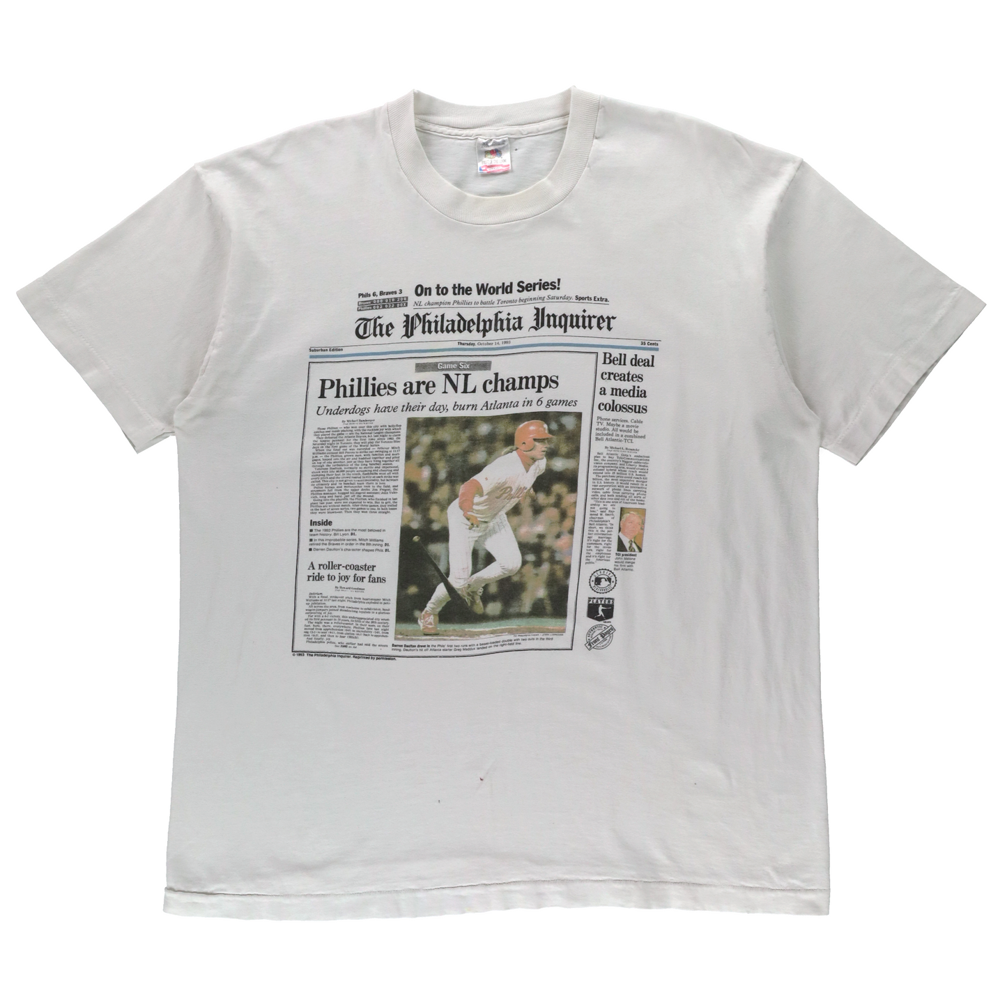 Vintage 1993 Philadelphia Phillies Newspaper Article Single Stitch White MLB Tee USA Made (L-XL)