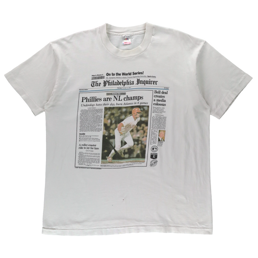 Vintage 1993 Philadelphia Phillies Newspaper Article Single Stitch White MLB Tee USA Made (L-XL)