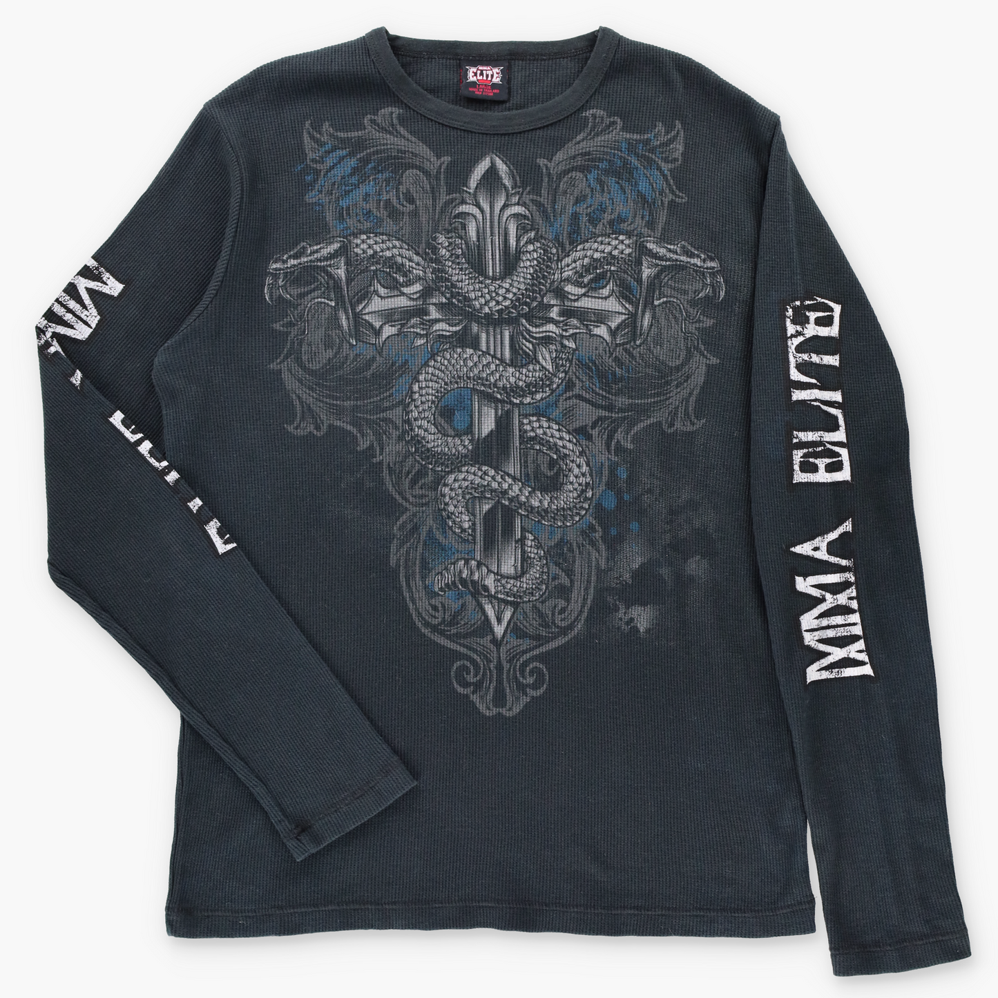 MMA ELITE Cross & Snakes Y2K Style Black Long Sleeve Waffle Tee (L)