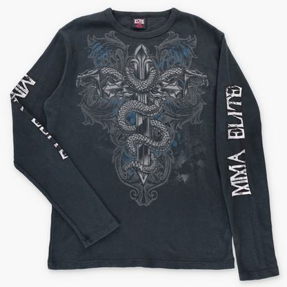 MMA ELITE Cross & Snakes Y2K Style Black Long Sleeve Waffle Tee (L)