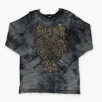 AFFLICTION Y2K Distressed Reversible Gold Letter Long Sleeve Tee (L-XL)
