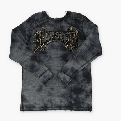 AFFLICTION Y2K Distressed Reversible Gold Letter Long Sleeve Tee (L-XL)