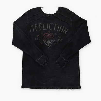 AFFLICTION Y2K Distressed Reversible Gold Letter Long Sleeve Tee (L-XL)