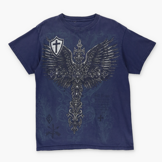 Y2K Cross Wing Goth Graphic Navy Tee (L)