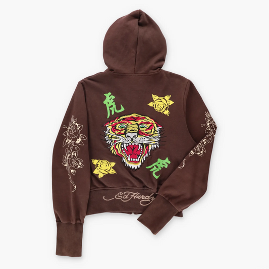 Vintage ED HARDY Embroidered Tiger Y2K Style Brown Hoodie Sweatshirt (S-M)