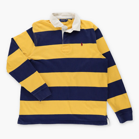 Vintage POLO RALPH LAUREN Embroidered Logo Stripe Yellow & Navy Rugby Sweatshirt (L-XL)