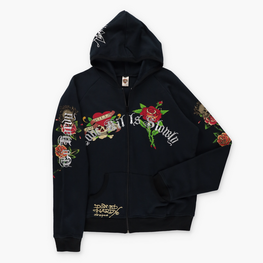 ED HARDY Silver Foil "Love Kills Slowly" Skulls & Roses Black Hoodie Sweatshirt (XL-XXL)