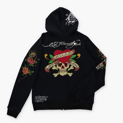 ED HARDY Silver Foil "Love Kills Slowly" Skulls & Roses Black Hoodie Sweatshirt (XL-XXL)
