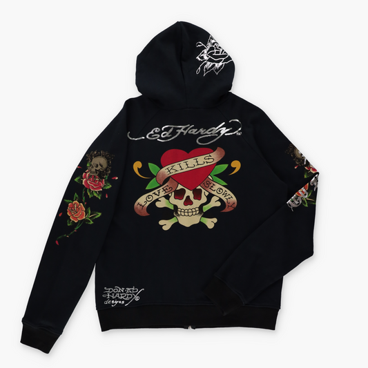 ED HARDY Silver Foil "Love Kills Slowly" Skulls & Roses Black Hoodie Sweatshirt (XL-XXL)