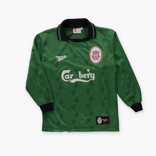 REEBOK Liverpool 1996/1997 UK Made Felt Patch Green Long Sleeve Soccer Jersey (M)