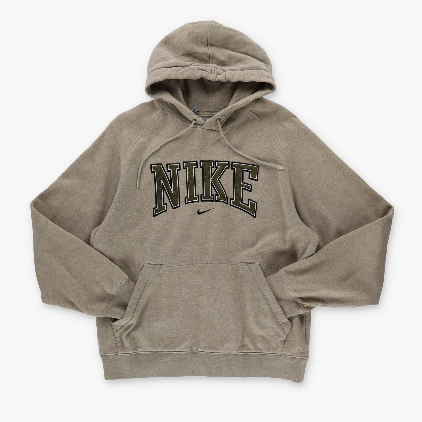 NIKE Spell Out Khaki Logo Centre Swoosh Hooded Sweatshirt (M)