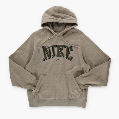 NIKE Spell Out Khaki Logo Centre Swoosh Hooded Sweatshirt (M)