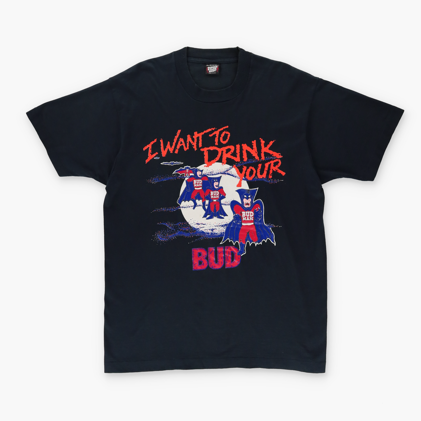 Vintage BUDWEISER 'Want To Drink Your Bud' Pun USA Made 50/50 Black Tee (XL)