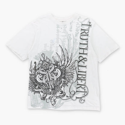 Vintage SOUTHPOLE Y2K Glitter Wing Script 'Truth & Liberty' White & Silver T-Shirt (M)