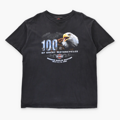 Vintage HARLEY DAVIDSON "100 Years Of Great Motorcycles" New Berlin Wisconsin Y2K Tee USA Made (XL)