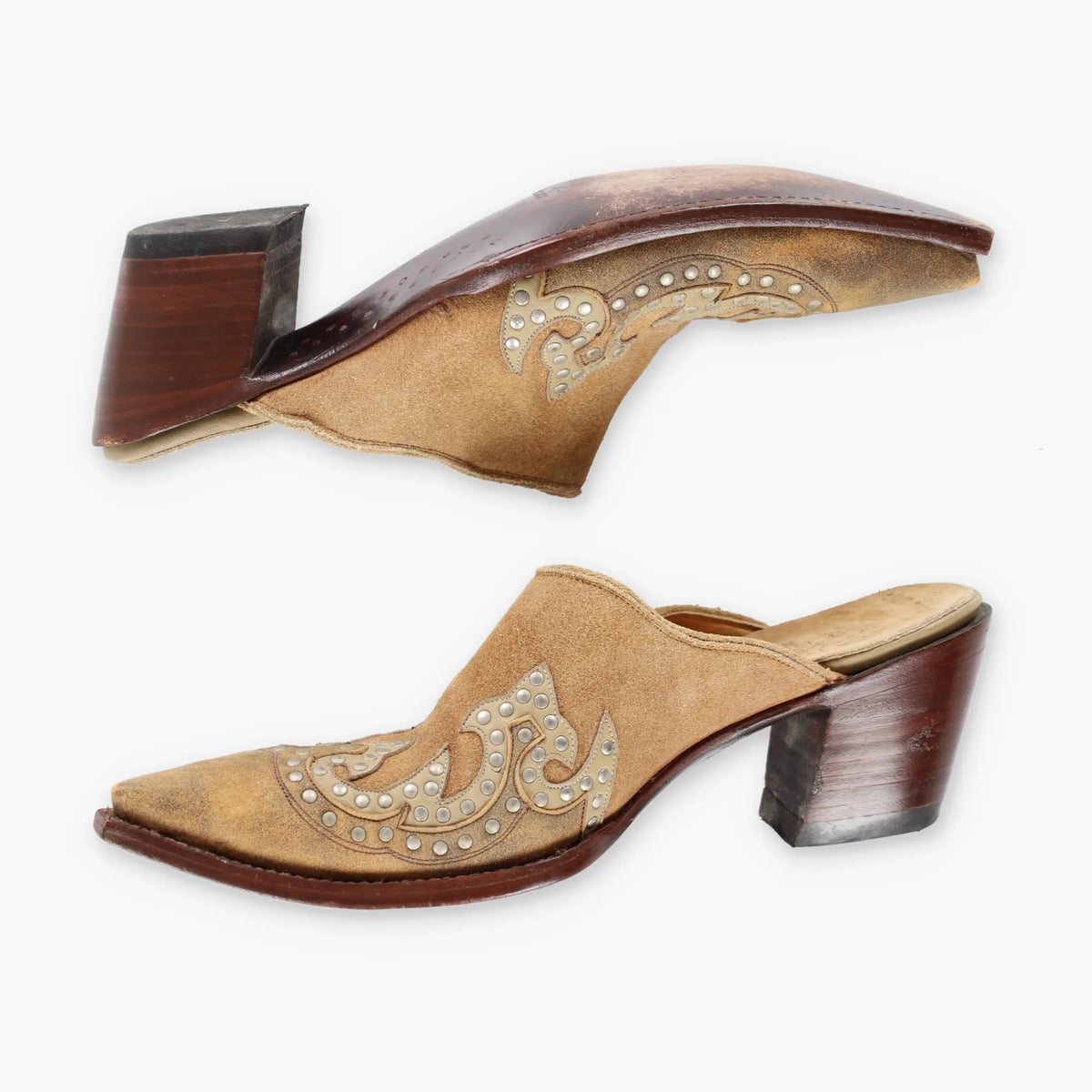 Vintage BOOTS & BELTS CO. Tan Studded Suede 'Old Gringo' Western Mules (8)