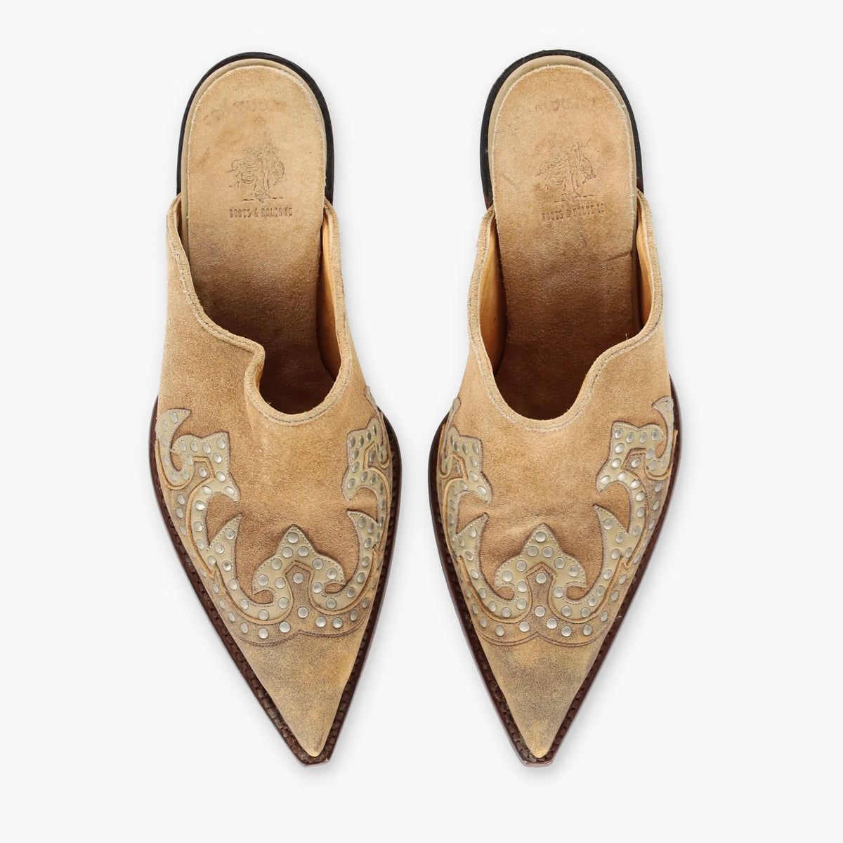 Vintage BOOTS & BELTS CO. Tan Studded Suede 'Old Gringo' Western Mules (8)