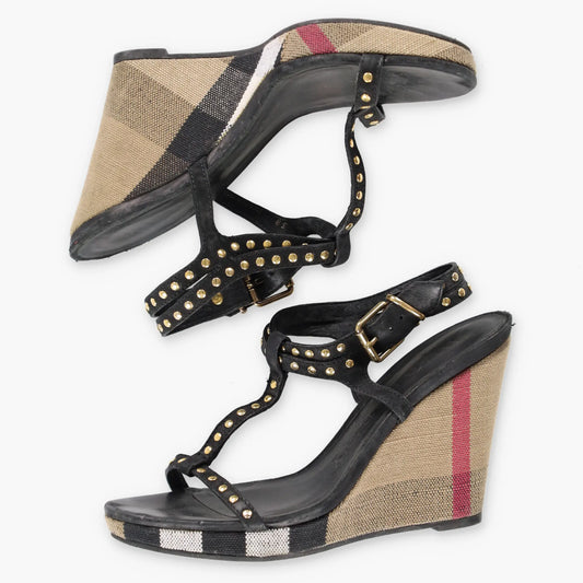 Vintage BURBERRY Signature Plaid Italian Made Studded Strappy Sandal Wedges (6-6.5)