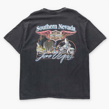 Vintage HARLEY DAVIDSON Motorcycle & Cityscape Las Vegas Southern Nevada USA Made T-Shirt (XL)
