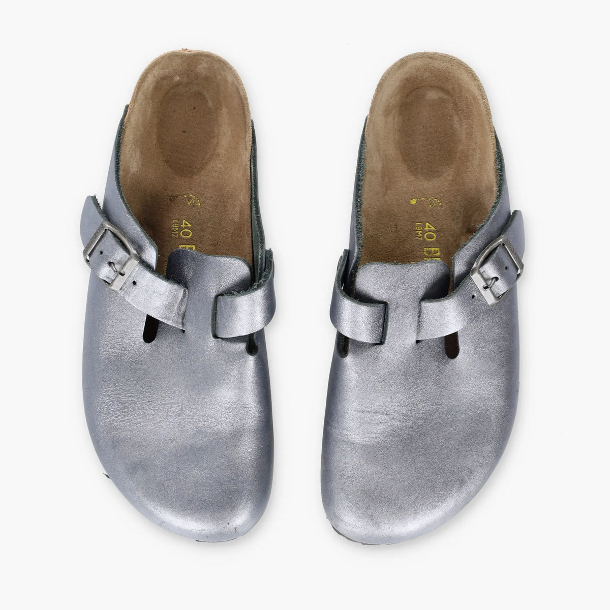BIRKENSTOCK Silver Buckle Strap Leather Clog Sandals (40)