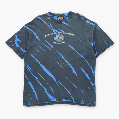 Vintage HARLEY DAVIDSON Shimmer Spell Out Logo Black & Blue Embroidered "Motorcycles" Tee (XL)