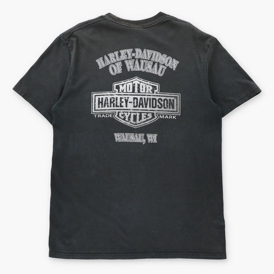 HARLEY DAVIDSON Vintage "Legendary Harley Davidson" Wausau Wisconsin Black Motorcycle Tee (L TALL)