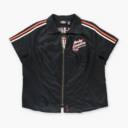 HARLEY DAVIDSON Embroidered Spell Out Logo Full Zip Short Sleeve Biker Shirt (Women's L) ***COCO Vintage Sole Melbourne
