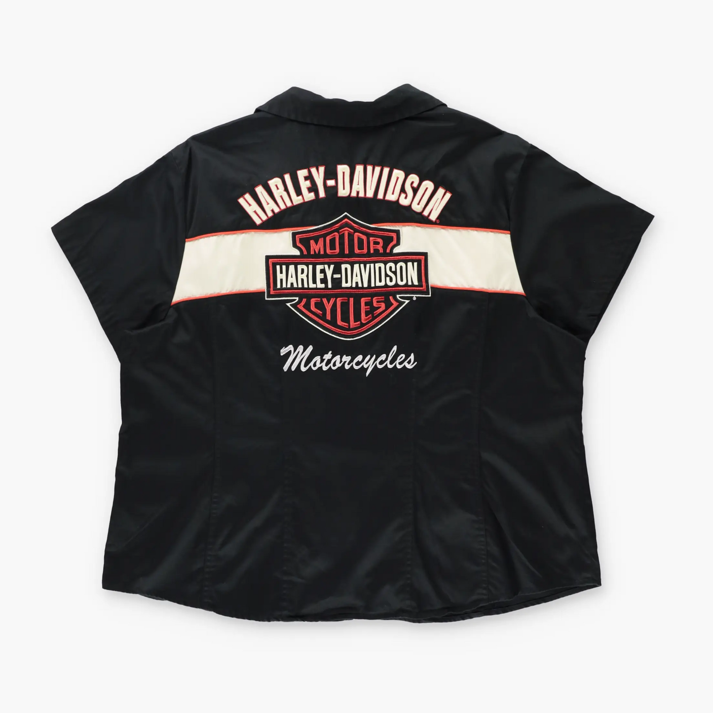 HARLEY DAVIDSON Embroidered Spell Out Logo Full Zip Short Sleeve Biker Shirt (Women's L) ***COCO Vintage Sole Melbourne