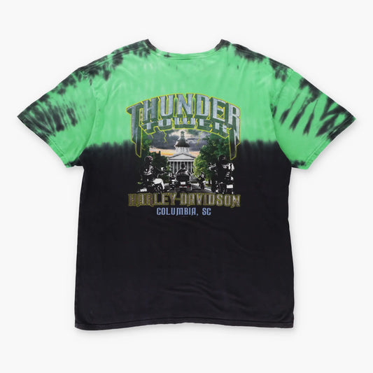 Vintage HARLEY DAVIDSON Thunder Tower Tie Dye Green & Black T-Shirt (XL)