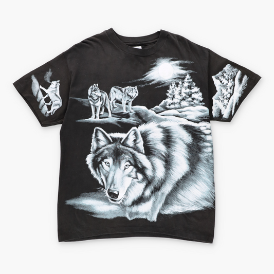 1994 Vintage HARLEQUIN Wolf All Over Print Black & White T-Shirt (L) Vintage Sole Melbourne