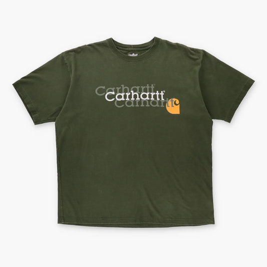 Vintage CARHARTT Spell Out Trippy Logo Olive Green Workwear T-Shirt (L)