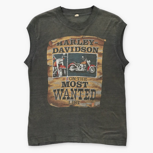 Vintage 1986 HARLEY DAVIDSON 'Most Wanted' 50/50 Paper Thin Sleeveless Biker T-shirt (M-L)