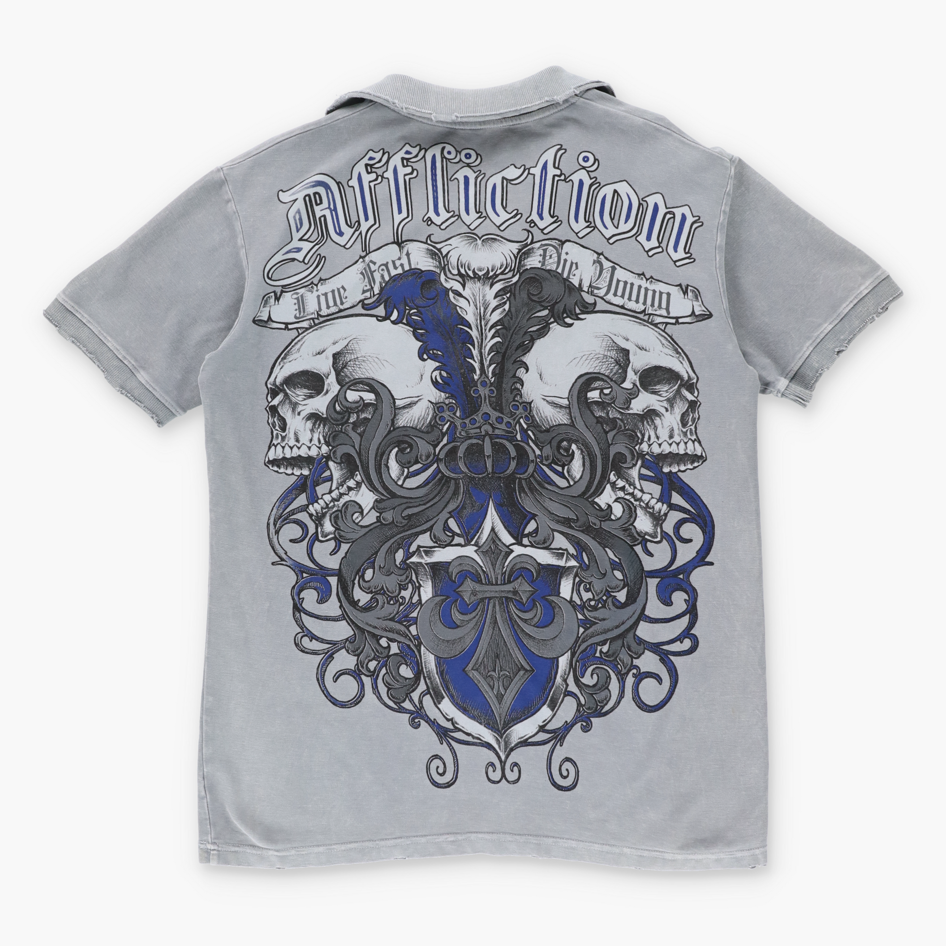 Vintage AFFLICTION Y2K Skull Grey Distressed USA Made Polo Shirt (M) Vintage Sole Melbourne
