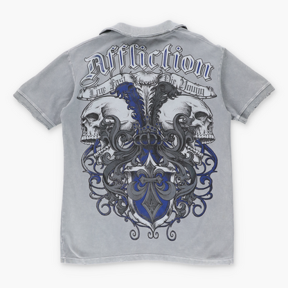 Vintage AFFLICTION Y2K Skull Grey Distressed USA Made Polo Shirt (M) Vintage Sole Melbourne