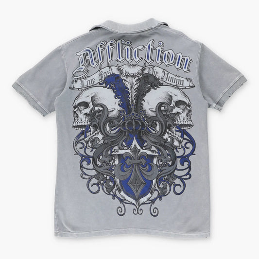 Vintage AFFLICTION Y2K Skull Grey Distressed USA Made Polo Shirt (M)