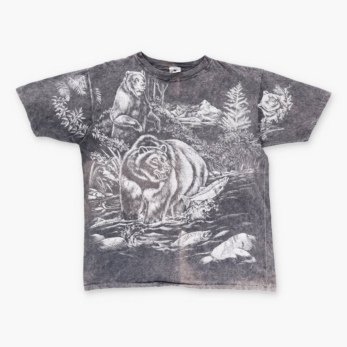 Vintage Grizzly Bear Wildlife Harlequin All Over Print White & Grey USA Made T-Shirt (XL)