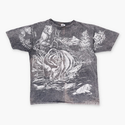 Vintage Grizzly Bear Wildlife Harlequin All Over Print White & Grey USA Made T-Shirt (XL)