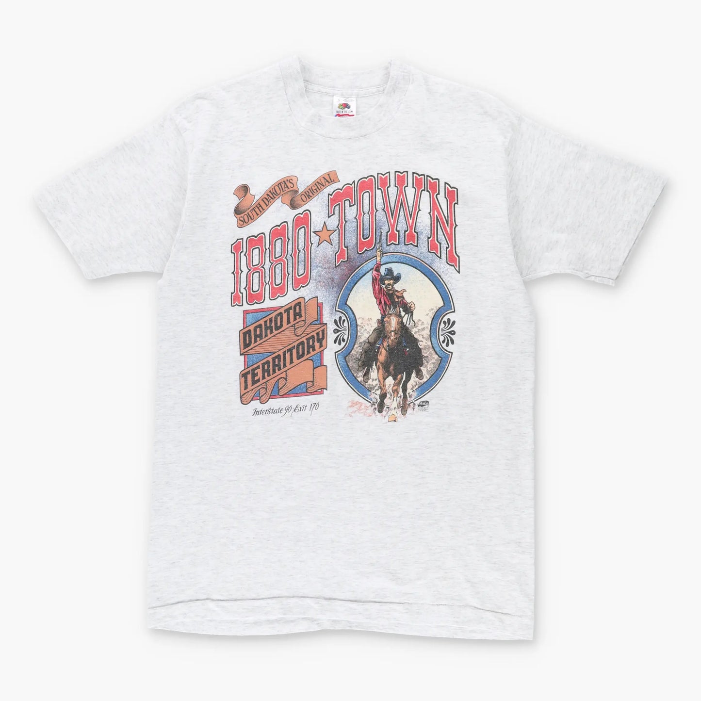 Vintage 1992 Cowboy Dakota Territory '1880 Town' USA Made Single Stitch Grey T-Shirt (L)