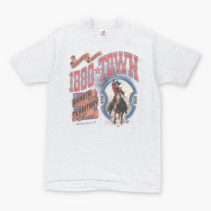 Vintage 1992 Cowboy Dakota Territory '1880 Town' USA Made Single Stitch Grey T-Shirt (L)
