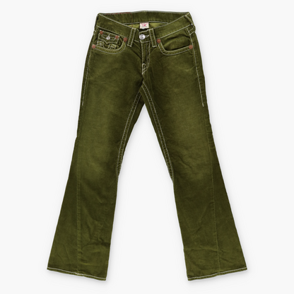 TRUE RELIGION Y2K 'Joey Big T' Corduroy Flare USA Made Green Fade Jeans (29 x 33)