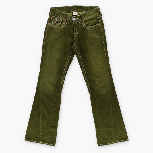 TRUE RELIGION Y2K 'Joey Big T' Corduroy Flare USA Made Green Fade Jeans (29 x 33)