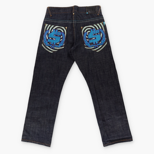 SMACKS Y2K 'S' Embroidered Blue Swirl Dark Wash Jeans (34)