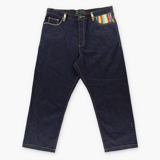 COOGI Rainbow Embroidered Coloured Stitching Dark Wash Jeans (44 x 34)