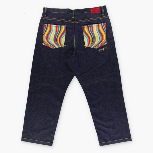 COOGI Rainbow Embroidered Coloured Stitching Dark Wash Jeans (44 x 34)