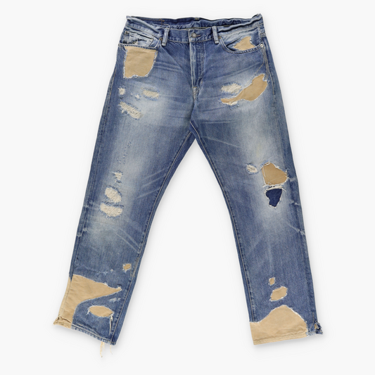 RALPH LAUREN DENIM & SUPPLY 'Straight' Distressed Tan Patchwork Blue Wash Jeans (31)